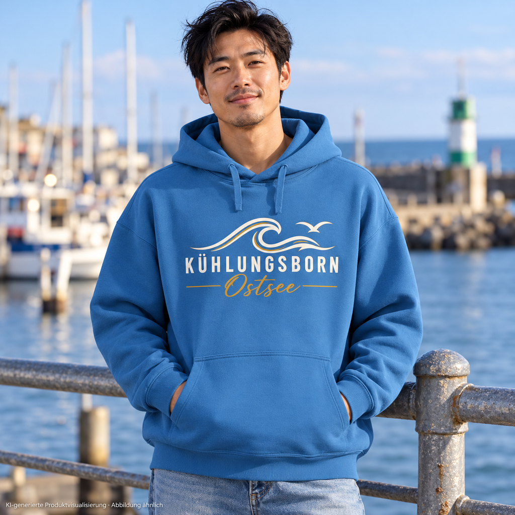 Bio-Oversize-Hoodie Kühlungsborn Baltic Waves, Dark Edition, Mindful Blue – am Hafengeländer, Frontdruck; KI-generierte Produktvisualisierung.