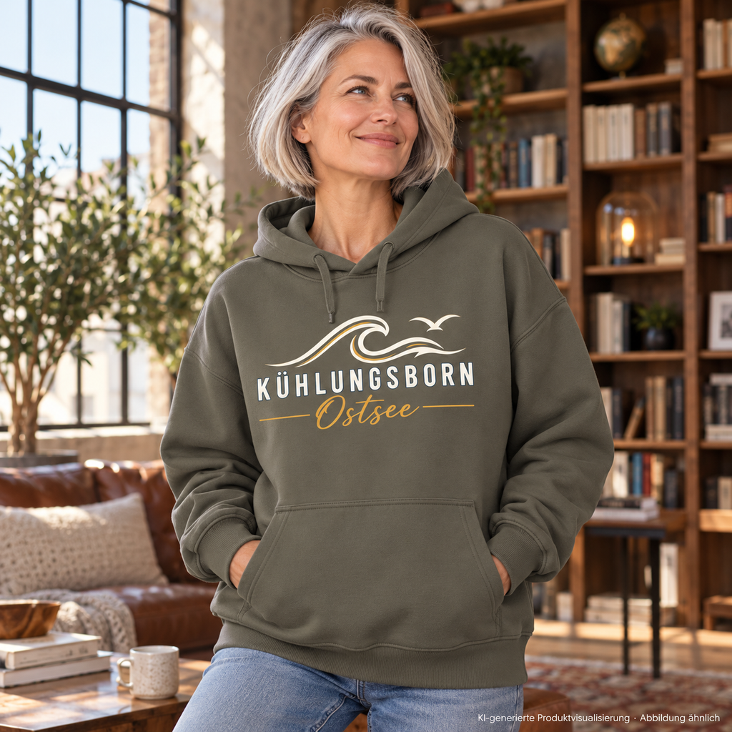 Bio-Oversize-Hoodie Kühlungsborn Baltic Waves, Dark Edition, Khaki – in einer Loftbibliothek, Frontdruck; KI-generierte Produktvisualisierung.