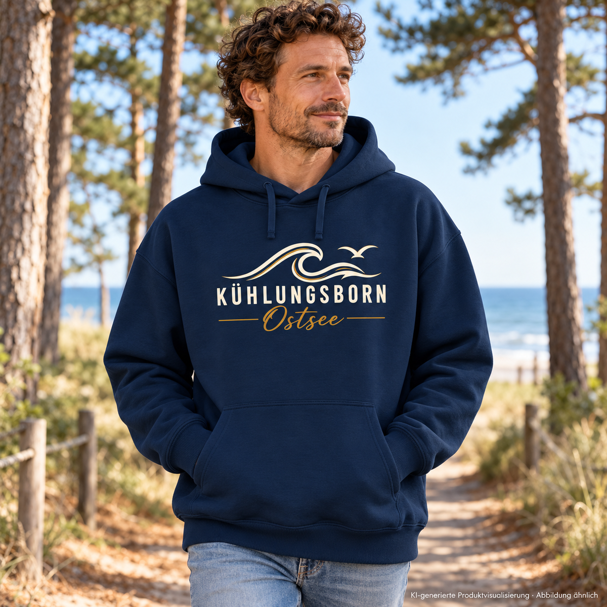 Bio-Oversize-Hoodie Kühlungsborn Baltic Waves, Dark Edition, French Navy – auf einem Kiefernweg, Frontdruck; KI-generierte Produktvisualisierung.