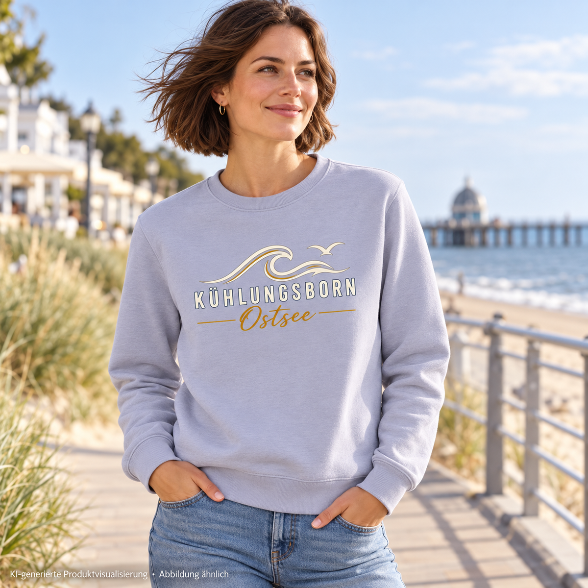 Bio-Unisex-Sweatshirt Kühlungsborn Baltic Waves, Dark Edition, Serene Blue – auf einer Strandpromenade, Frontdruck; KI-generierte Produktvisualisierung.