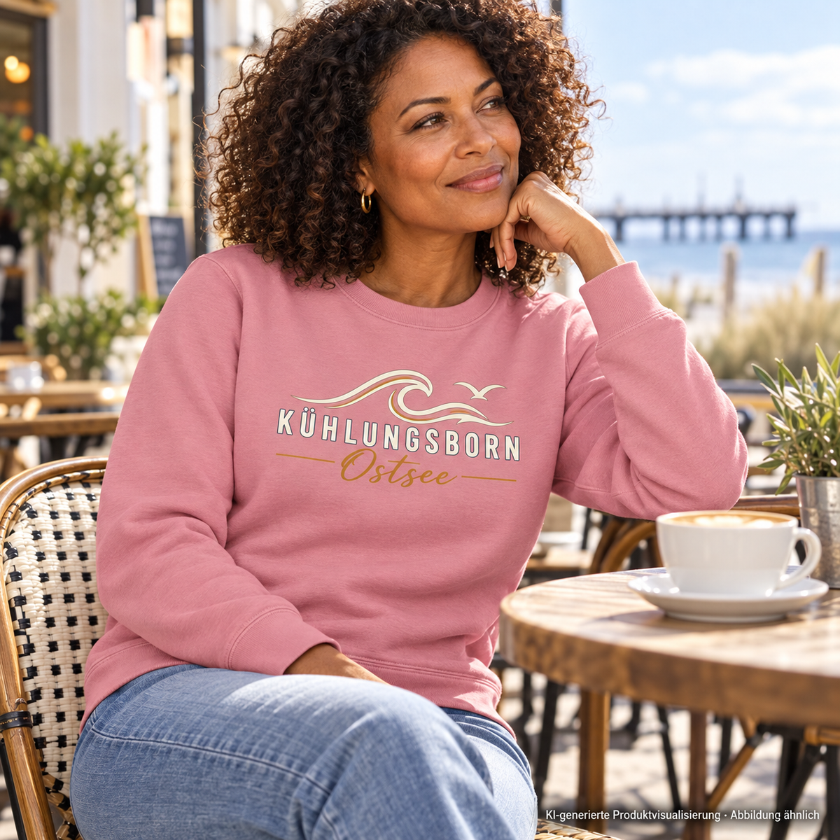 Bio-Unisex-Sweatshirt Kühlungsborn Baltic Waves, Dark Edition, Canyon Pink – auf einer Caféterrasse, Frontdruck; KI-generierte Produktvisualisierung.
