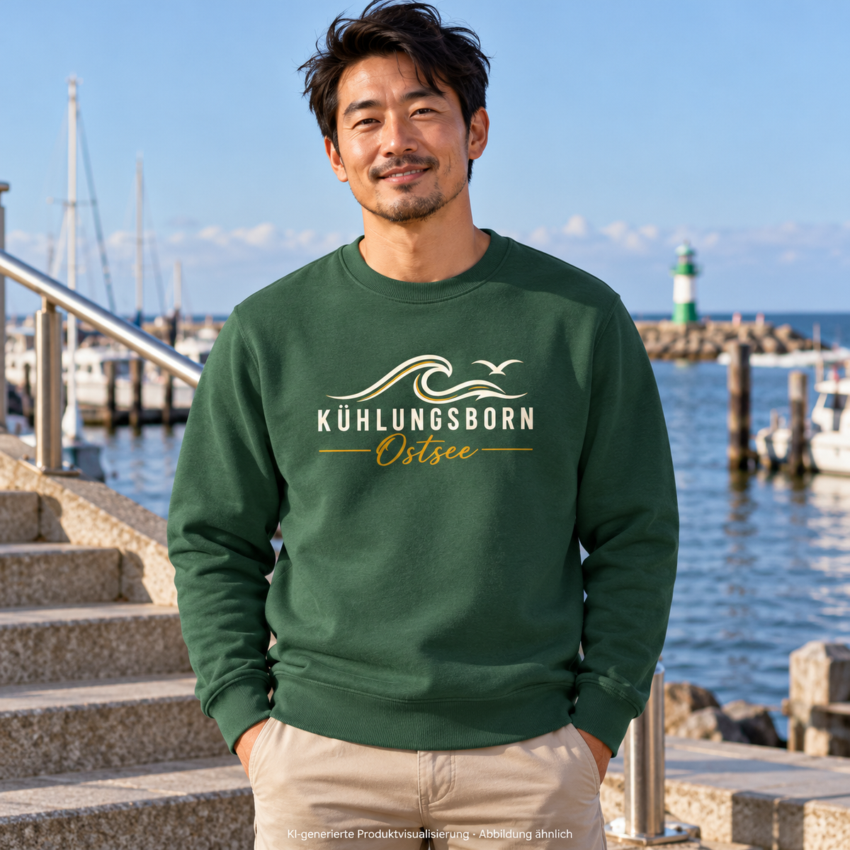 Bio-Unisex-Sweatshirt Kühlungsborn Baltic Waves, Dark Edition, Bottle Green – auf einer Hafentreppe, Frontdruck; KI-generierte Produktvisualisierung.