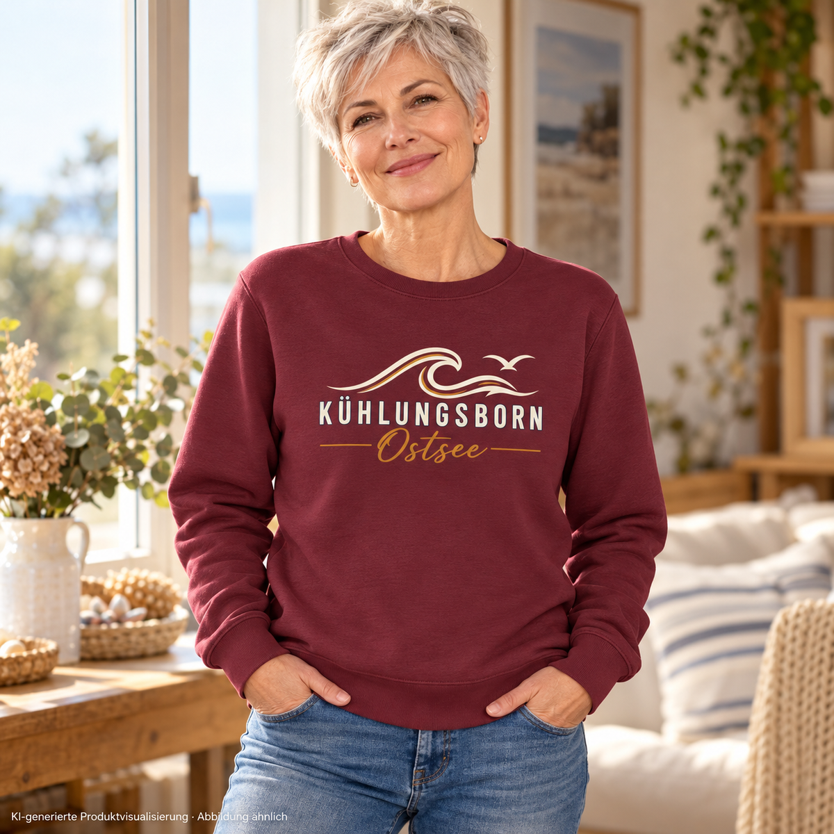 Bio-Unisex-Sweatshirt Kühlungsborn Baltic Waves, Dark Edition, Burgundy – am Fenster zu Hause, Frontdruck; KI-generierte Produktvisualisierung.