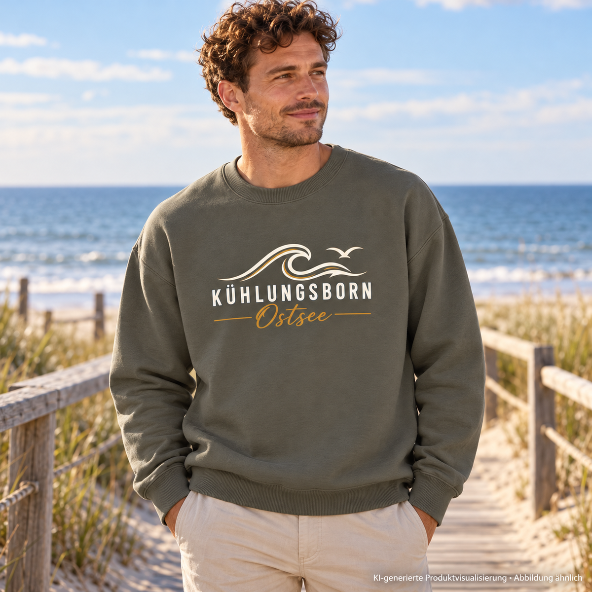 Bio-Oversize-Sweatshirt Kühlungsborn Baltic Waves, Dark Edition, Khaki – auf einem Strandsteg, Frontdruck; KI-generierte Produktvisualisierung.