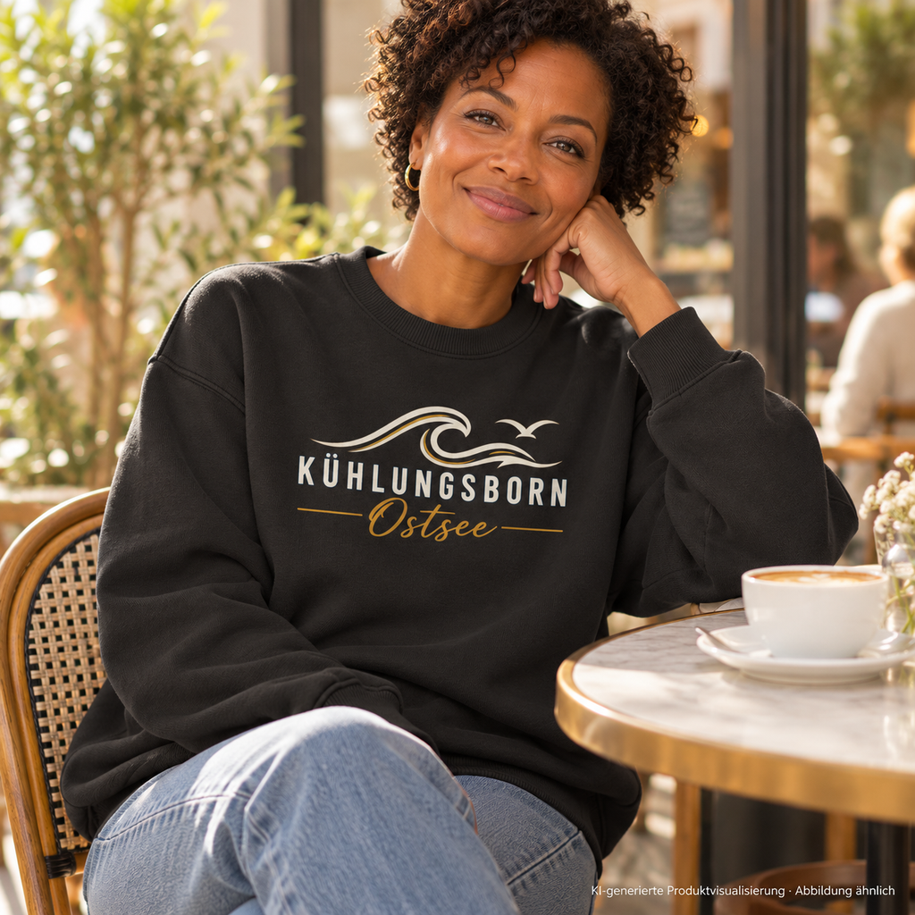 Bio-Oversize-Sweatshirt Kühlungsborn Baltic Waves, Dark Edition, Black – in einem hellen Café, Frontdruck; KI-generierte Produktvisualisierung.