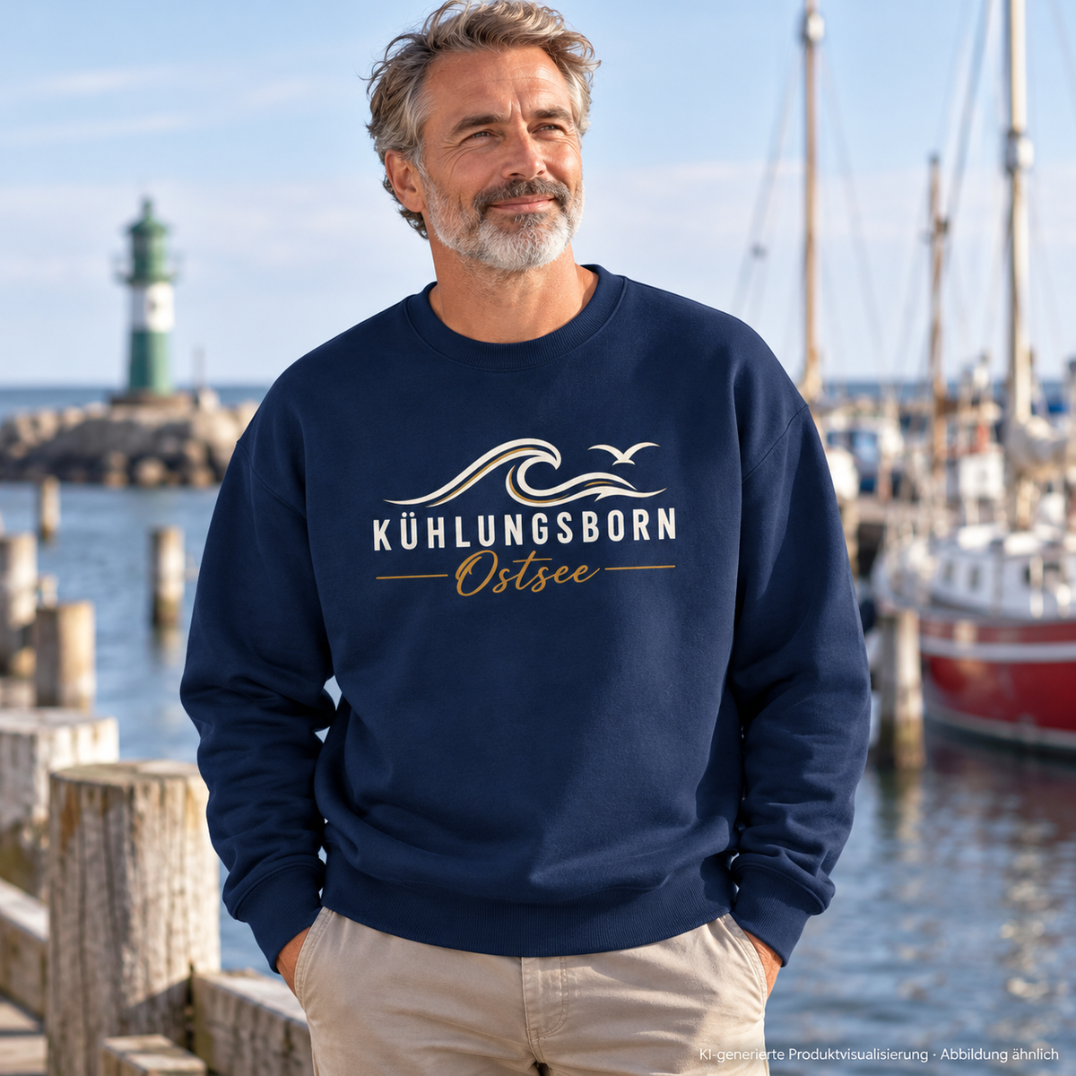 Bio-Oversize-Sweatshirt Kühlungsborn Baltic Waves, Dark Edition, French Navy – an einer Hafenkante, Frontdruck; KI-generierte Produktvisualisierung.