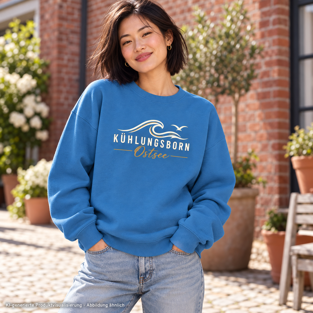 Bio-Oversize-Sweatshirt Kühlungsborn Baltic Waves, Dark Edition, Mindful Blue – in einem Backsteinhof, Frontdruck; KI-generierte Produktvisualisierung.