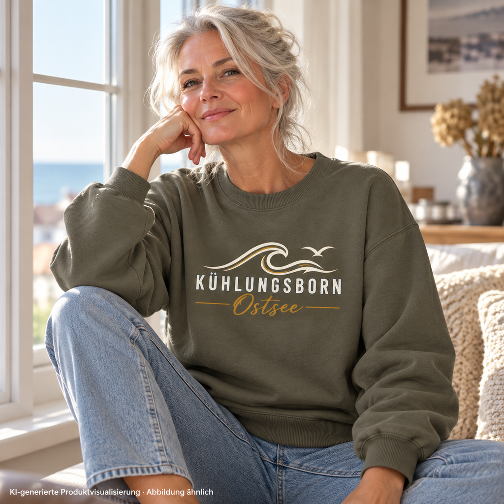 Bio-Oversize-Sweatshirt Kühlungsborn Baltic Waves, Dark Edition, Khaki – am Fenster zu Hause, Frontdruck; KI-generierte Produktvisualisierung.
