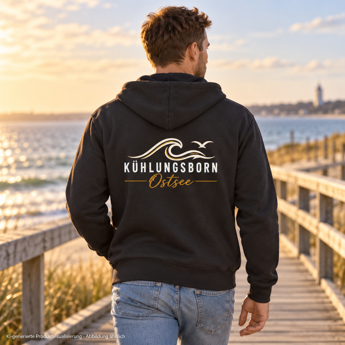 Bio-Zipper mit Rückendruck Kühlungsborn Baltic Waves, Dark Edition, Black – von hinten auf einem Holzsteg, Rückendruck; KI-generierte Produktvisualisierung.