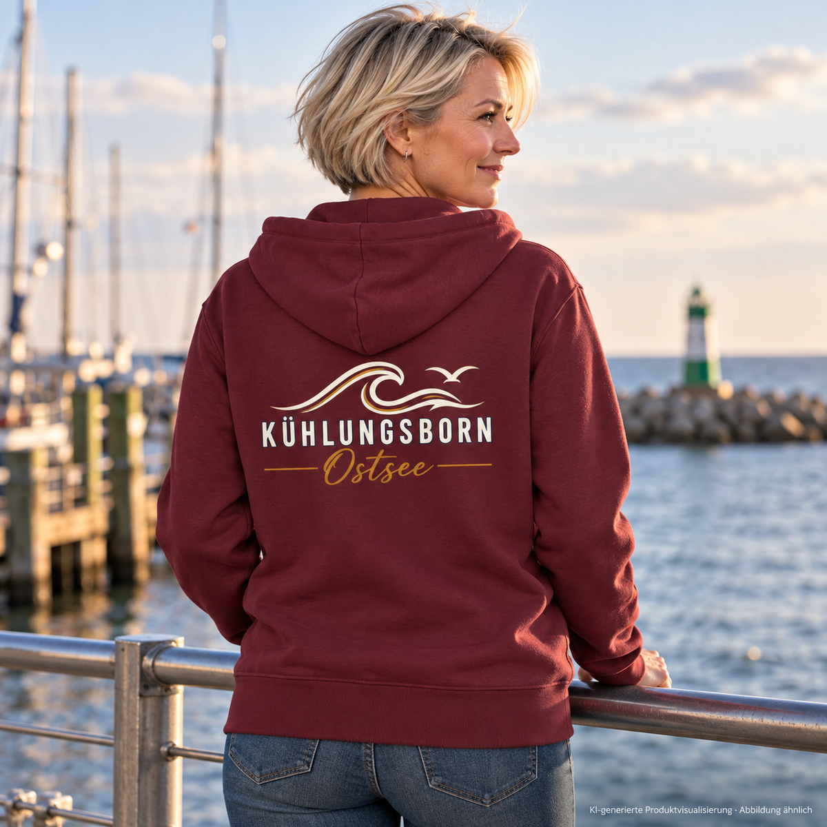 Bio-Zipper mit Rückendruck Kühlungsborn Baltic Waves, Dark Edition, Burgundy – in hinterer Dreiviertelansicht am Hafengeländer, Rückendruck; KI-generierte Produktvisualisierung.