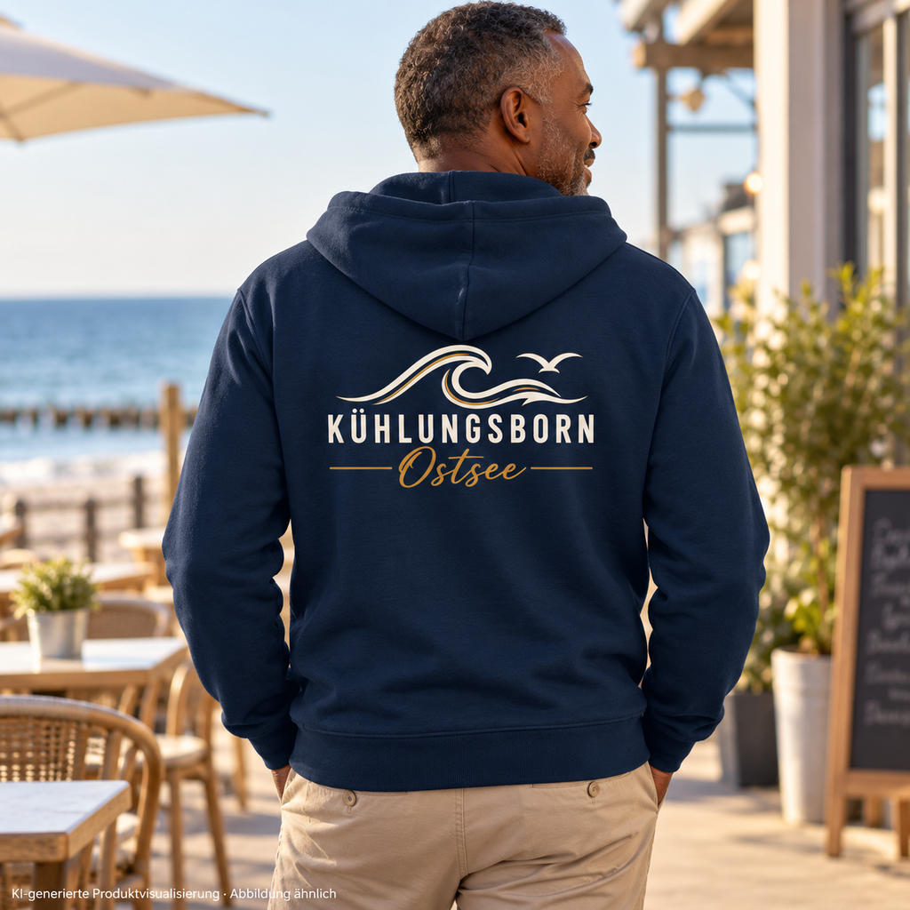 Bio-Zipper mit Rückendruck Kühlungsborn Baltic Waves, Dark Edition, French Navy – von hinten an einer Caféterrasse, Rückendruck; KI-generierte Produktvisualisierung.
