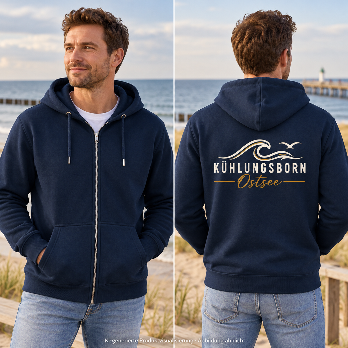 Bio-Zipper mit Rückendruck Kühlungsborn Baltic Waves, Dark Edition, French Navy – Front-/Rücken-Splitansicht mit unbedruckter Vorderseite und Baltic-Waves-Rückendruck, Rückendruck; KI-generierte Produktvisualisierung.