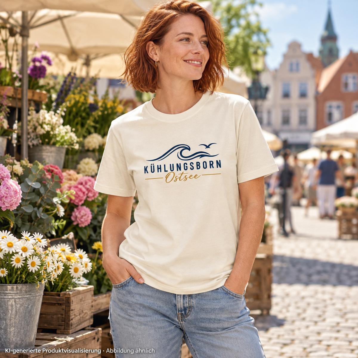 Kühlungsborn Baltic Waves Bio-Unisex-T-Shirt Light Edition in Natural Raw am Blumenstand – KI-Produktvisualisierung