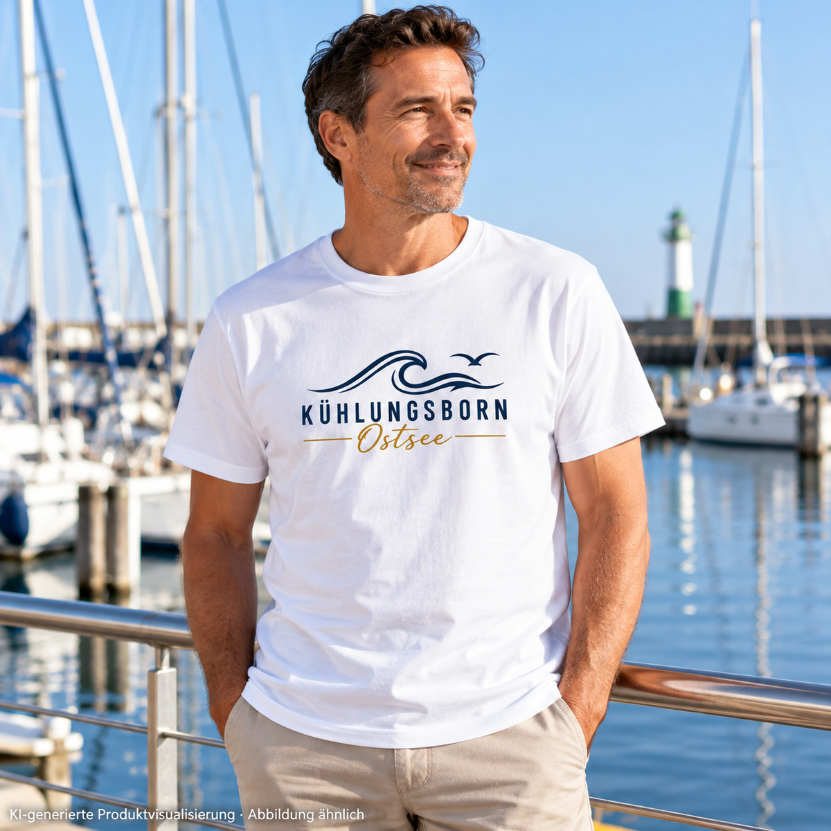 Kühlungsborn Baltic Waves Bio-Unisex-T-Shirt Light Edition in White am Yachthafen – KI-Produktvisualisierung