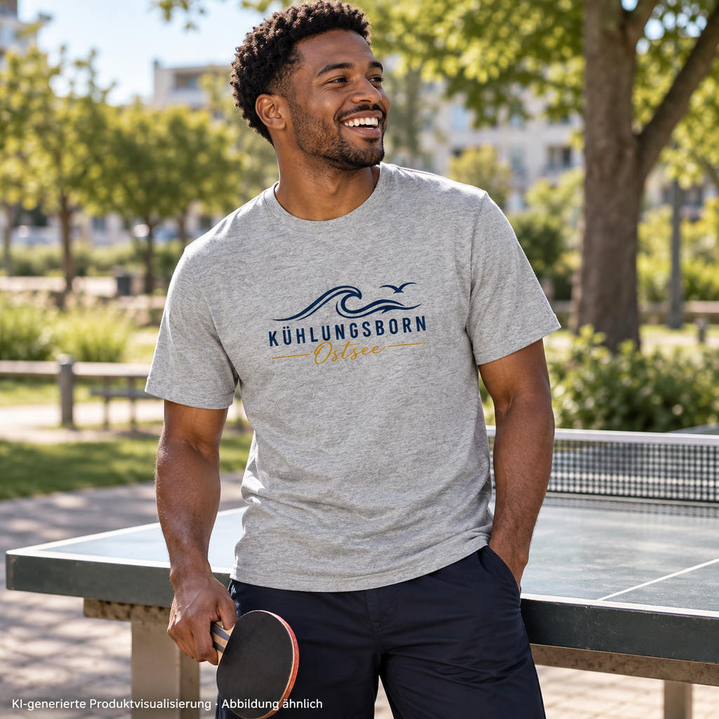 Kühlungsborn Baltic Waves Bio-Unisex-T-Shirt Light Edition in Heather Grey beim Tischtennis im Park – KI-Produktvisualisierung