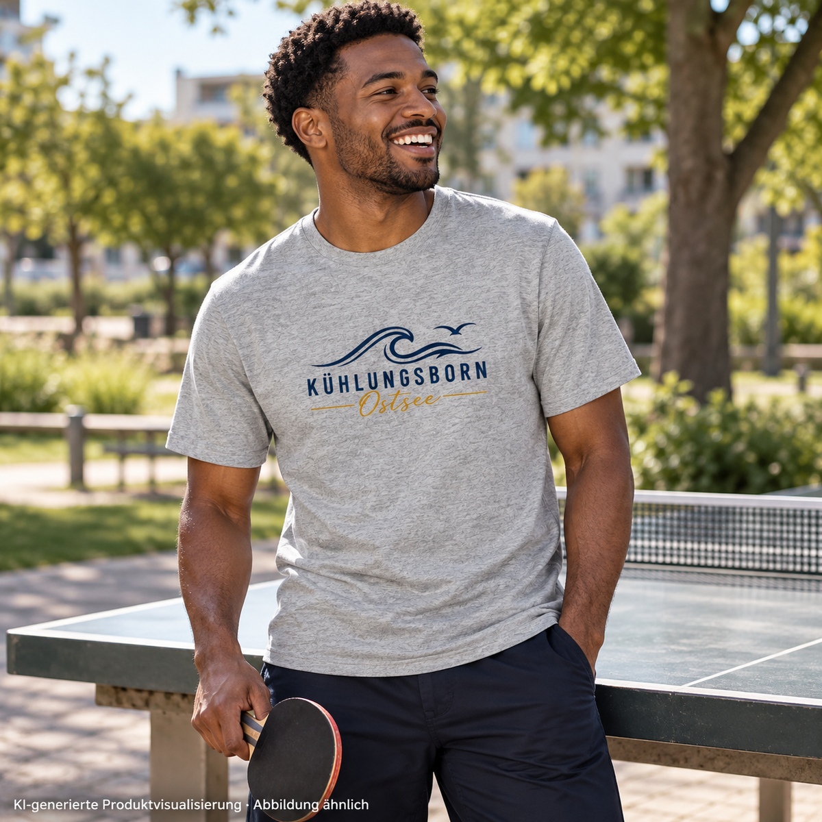 Kühlungsborn Baltic Waves Bio-Unisex-T-Shirt Light Edition in Heather Grey beim Tischtennis im Park – KI-Produktvisualisierung