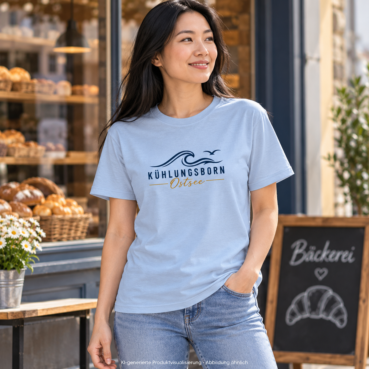 Kühlungsborn Baltic Waves Bio-Unisex-T-Shirt Light Edition in Blue Soul vor einer Bäckerei – KI-Produktvisualisierung