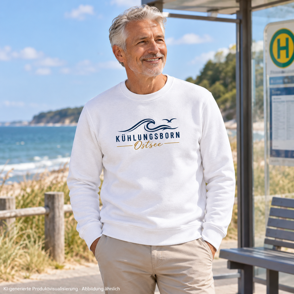 Kühlungsborn Baltic Waves Bio-Unisex-Sweatshirt Light Edition in White an einer Küstenbushaltestelle – KI-Produktvisualisierung