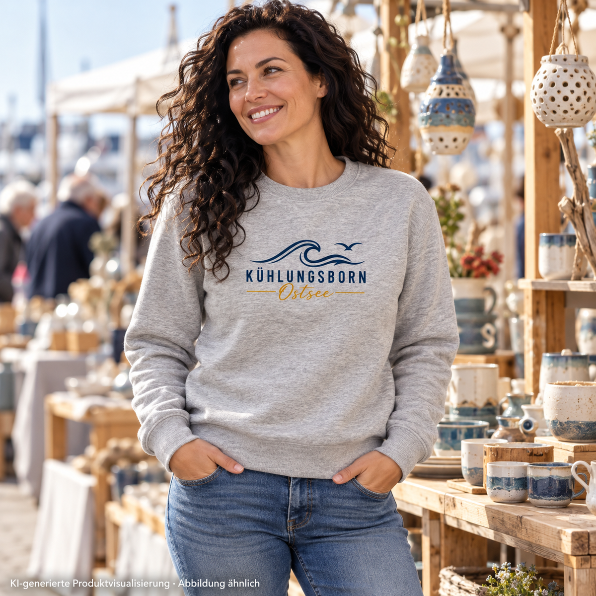 Kühlungsborn Baltic Waves Bio-Unisex-Sweatshirt Light Edition in Heather Grey am Keramikmarkt – KI-Produktvisualisierung
