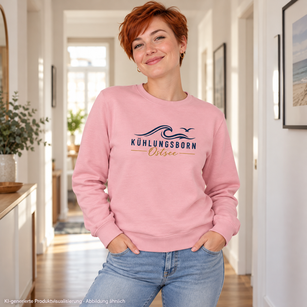 Kühlungsborn Baltic Waves Bio-Unisex-Sweatshirt Light Edition in Cotton Pink im Wohnungsflur – KI-Produktvisualisierung