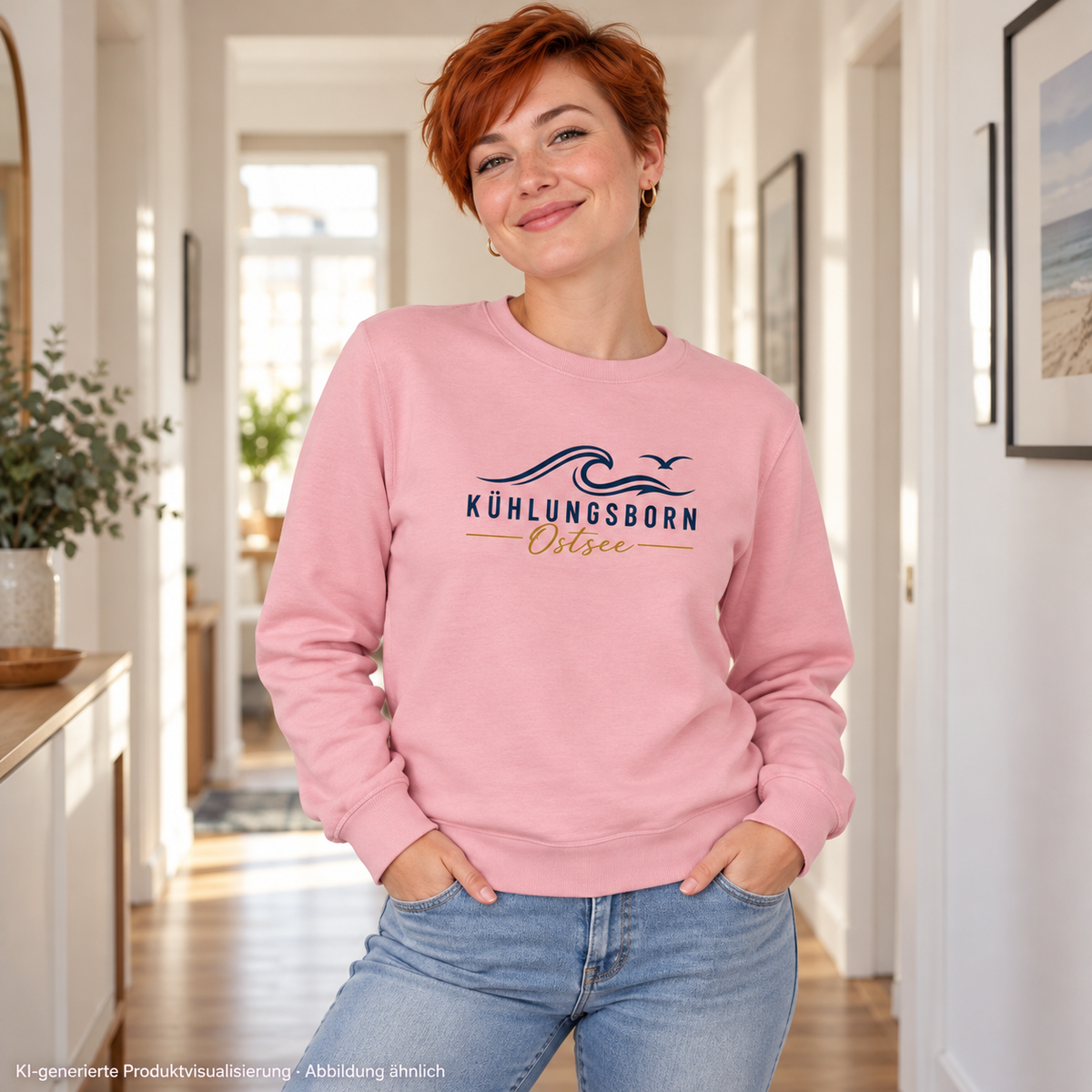 Kühlungsborn Baltic Waves Bio-Unisex-Sweatshirt Light Edition in Cotton Pink im Wohnungsflur – KI-Produktvisualisierung