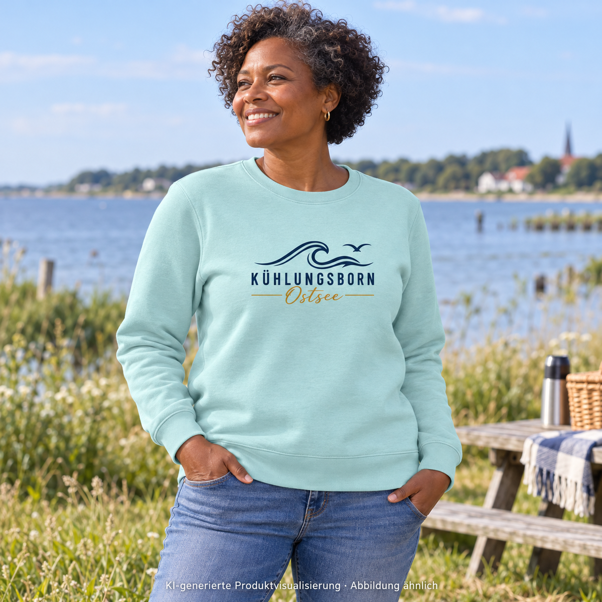 Kühlungsborn Baltic Waves Bio-Unisex-Sweatshirt Light Edition in Caribbean Blue am Picknickplatz am Fluss – KI-Produktvisualisierung
