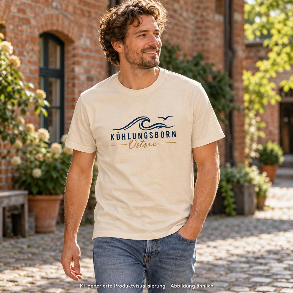 Kühlungsborn Baltic Waves Essential Unisex-T-Shirt Light Edition in Natural im Backsteinhof – KI-Produktvisualisierung
