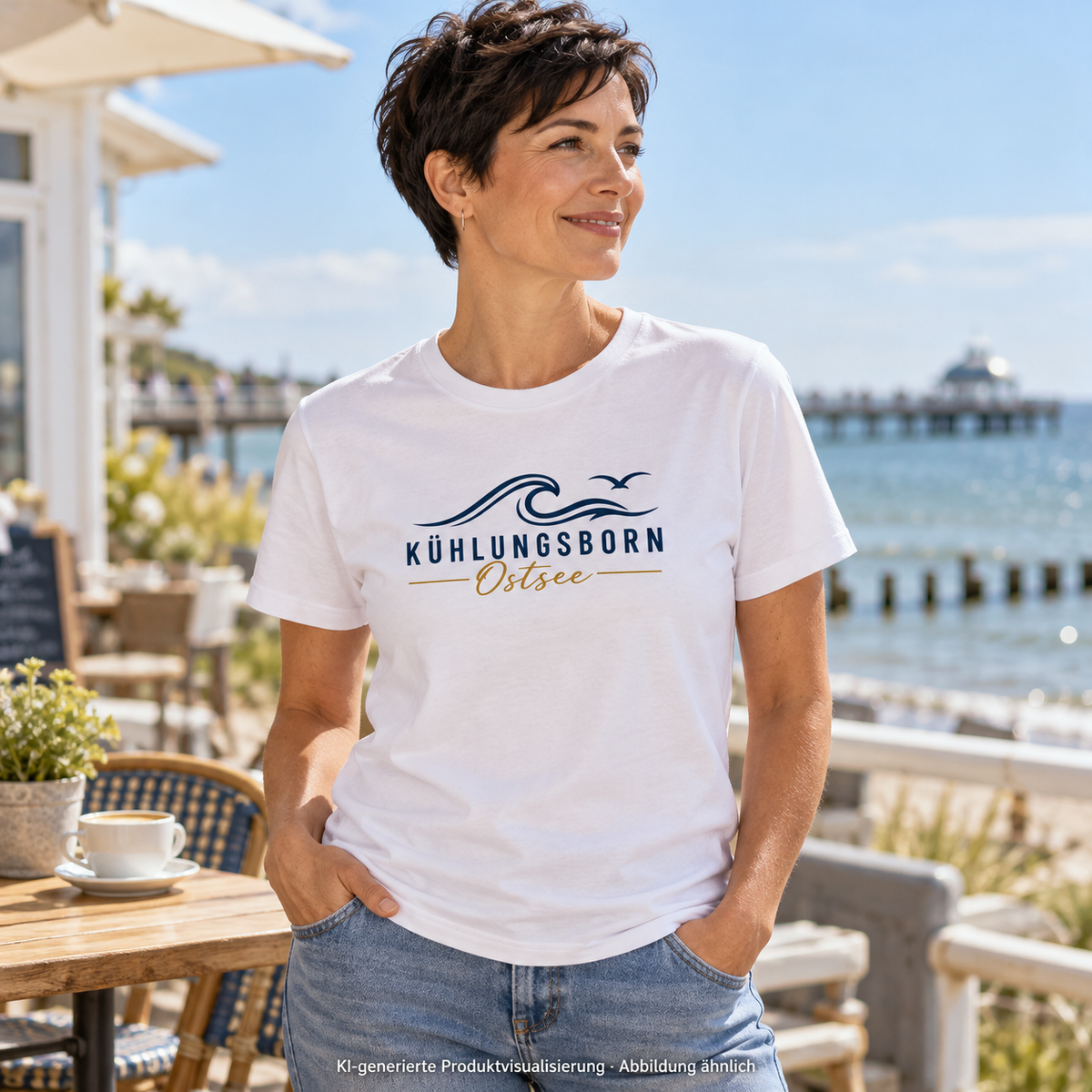 Kühlungsborn Baltic Waves Essential Unisex-T-Shirt Light Edition in White auf einer Caféterrasse – KI-Produktvisualisierung