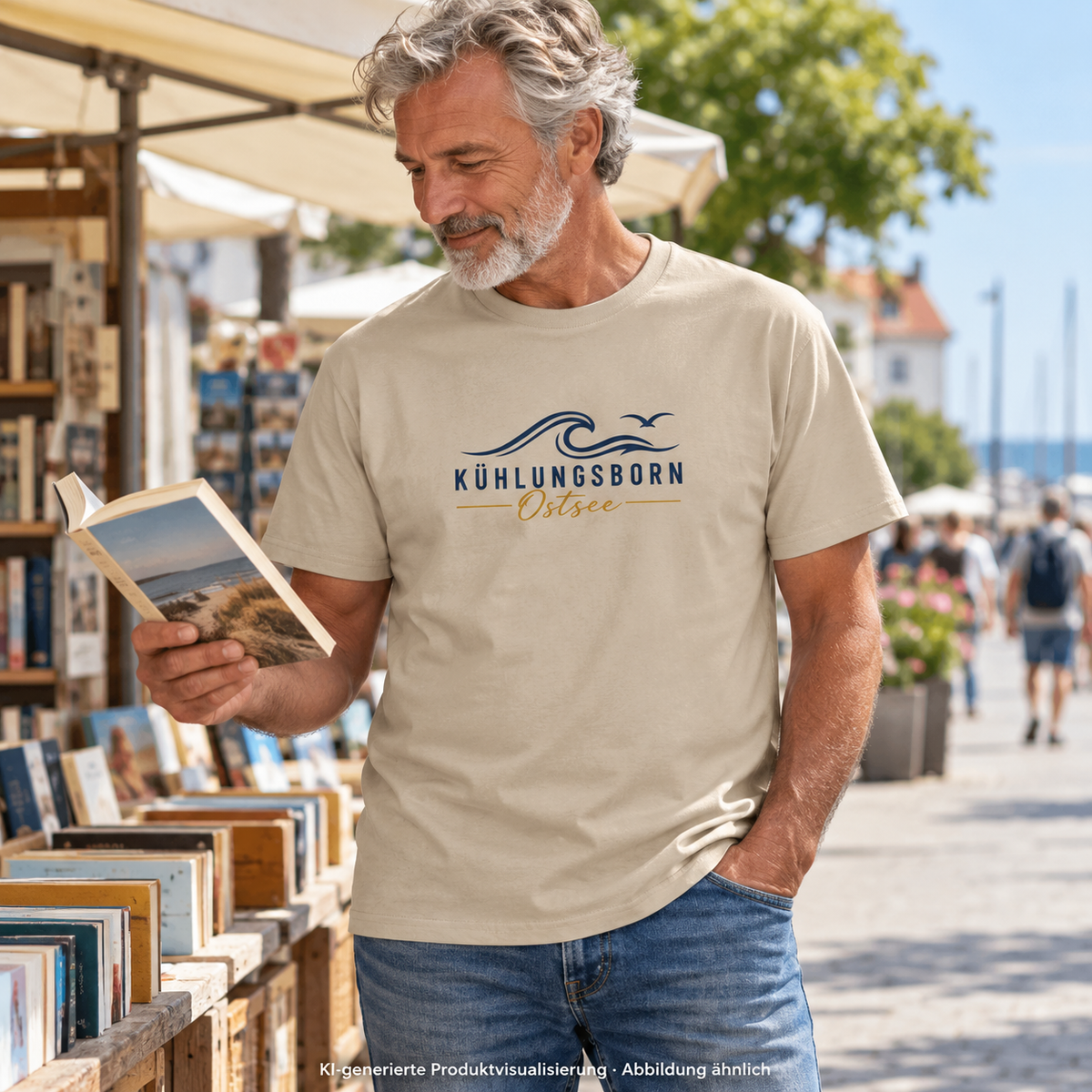 Kühlungsborn Baltic Waves Essential Unisex-T-Shirt Light Edition in Sand am Bücherstand – KI-Produktvisualisierung