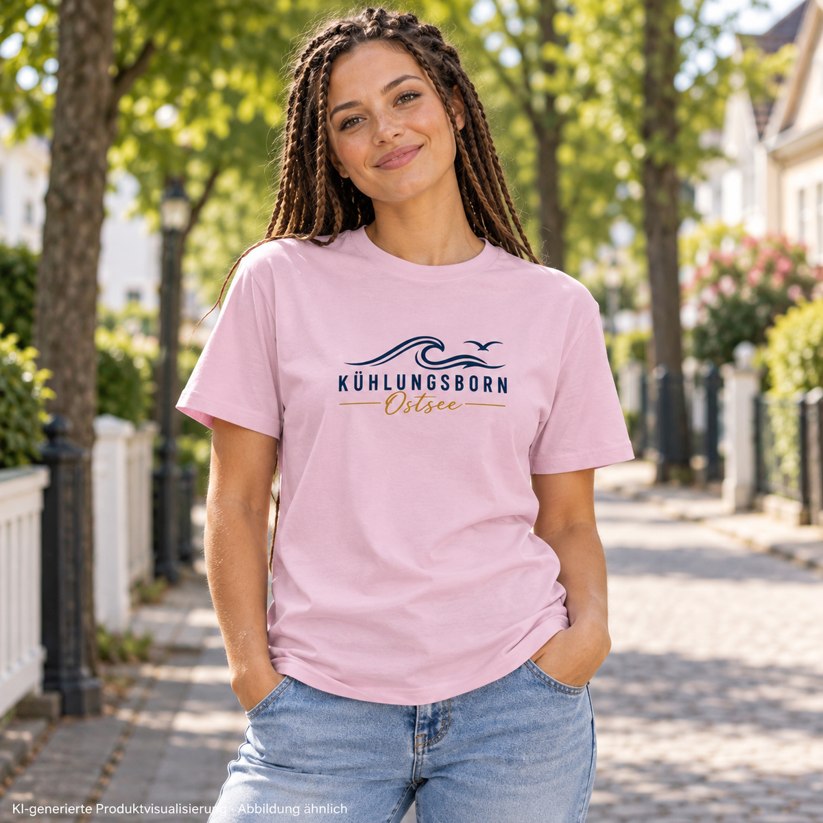 Kühlungsborn Baltic Waves Essential Unisex-T-Shirt Light Edition in Light Pink in einer Wohnstraße – KI-Produktvisualisierung
