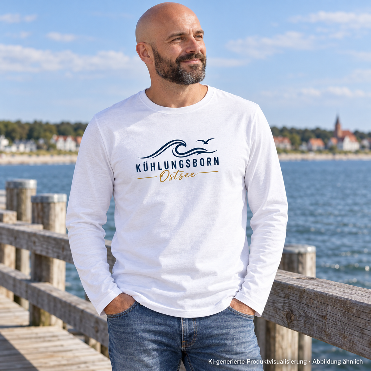 Kühlungsborn Baltic Waves Bio-Unisex-Longsleeve Light Edition in White auf einem Steg am See – KI-Produktvisualisierung