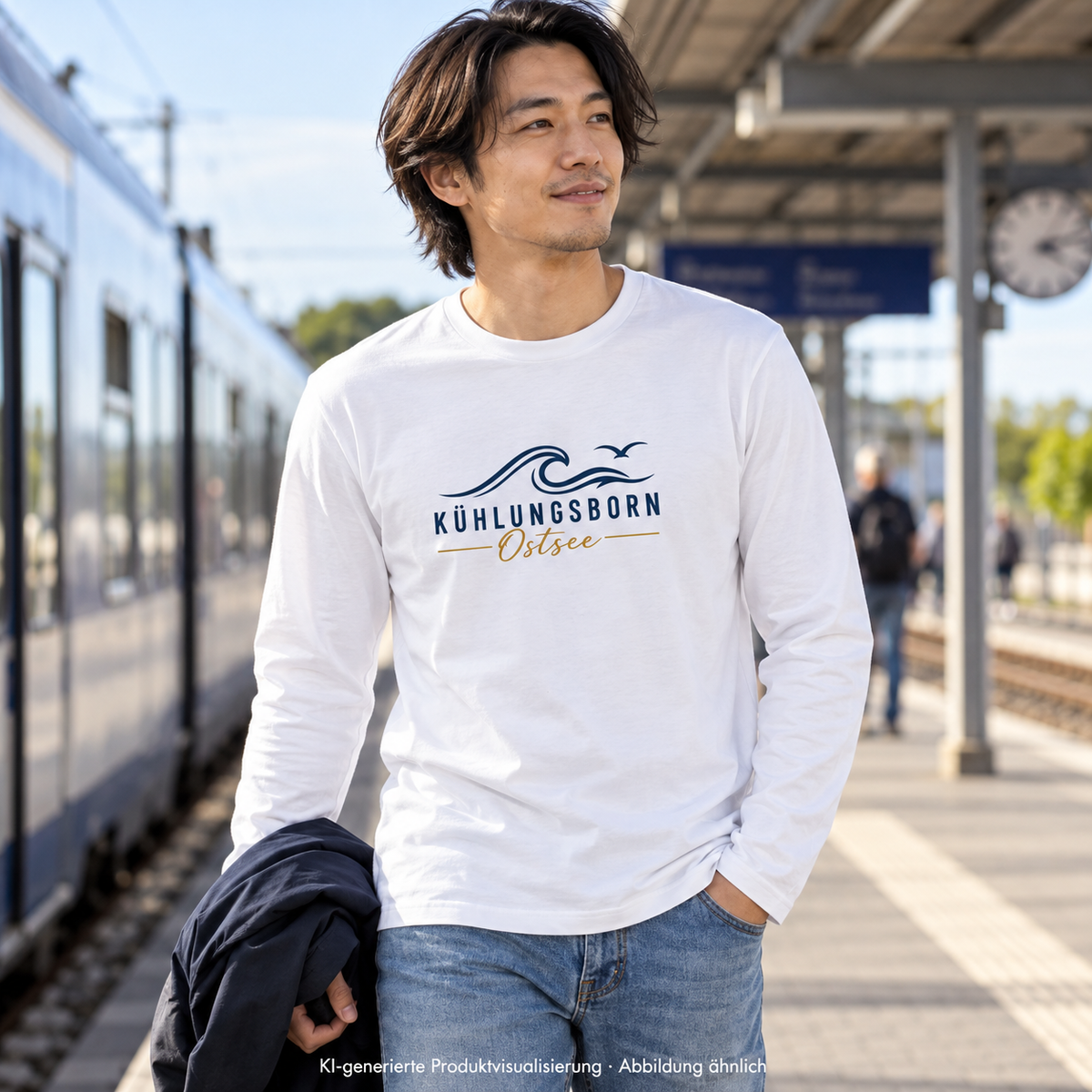 Kühlungsborn Baltic Waves Bio-Unisex-Longsleeve Light Edition in White am Bahnsteig – KI-Produktvisualisierung