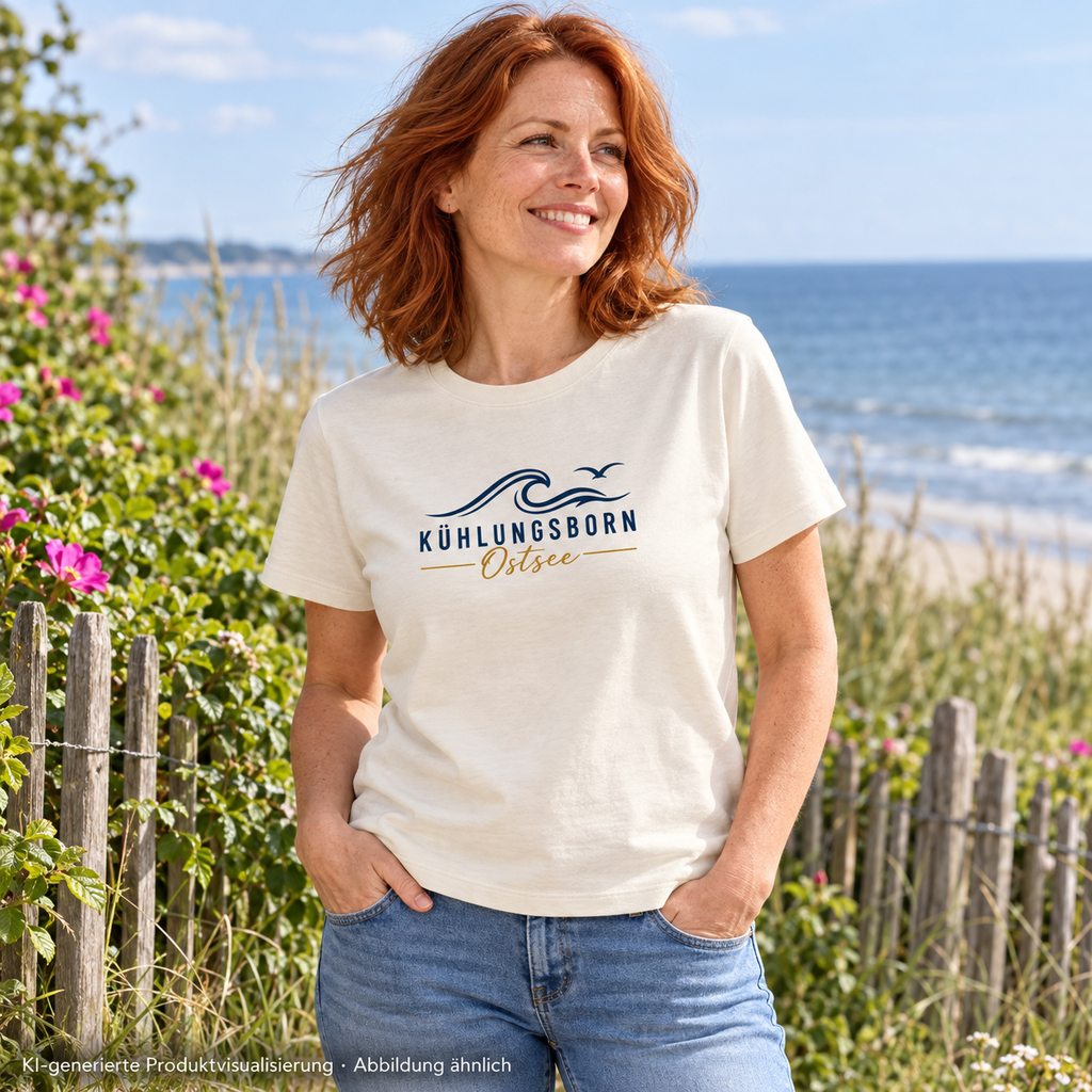 Kühlungsborn Baltic Waves Damen Bio-T-Shirt Light Edition in Natural Raw am Küstengartenzaun – KI-Produktvisualisierung