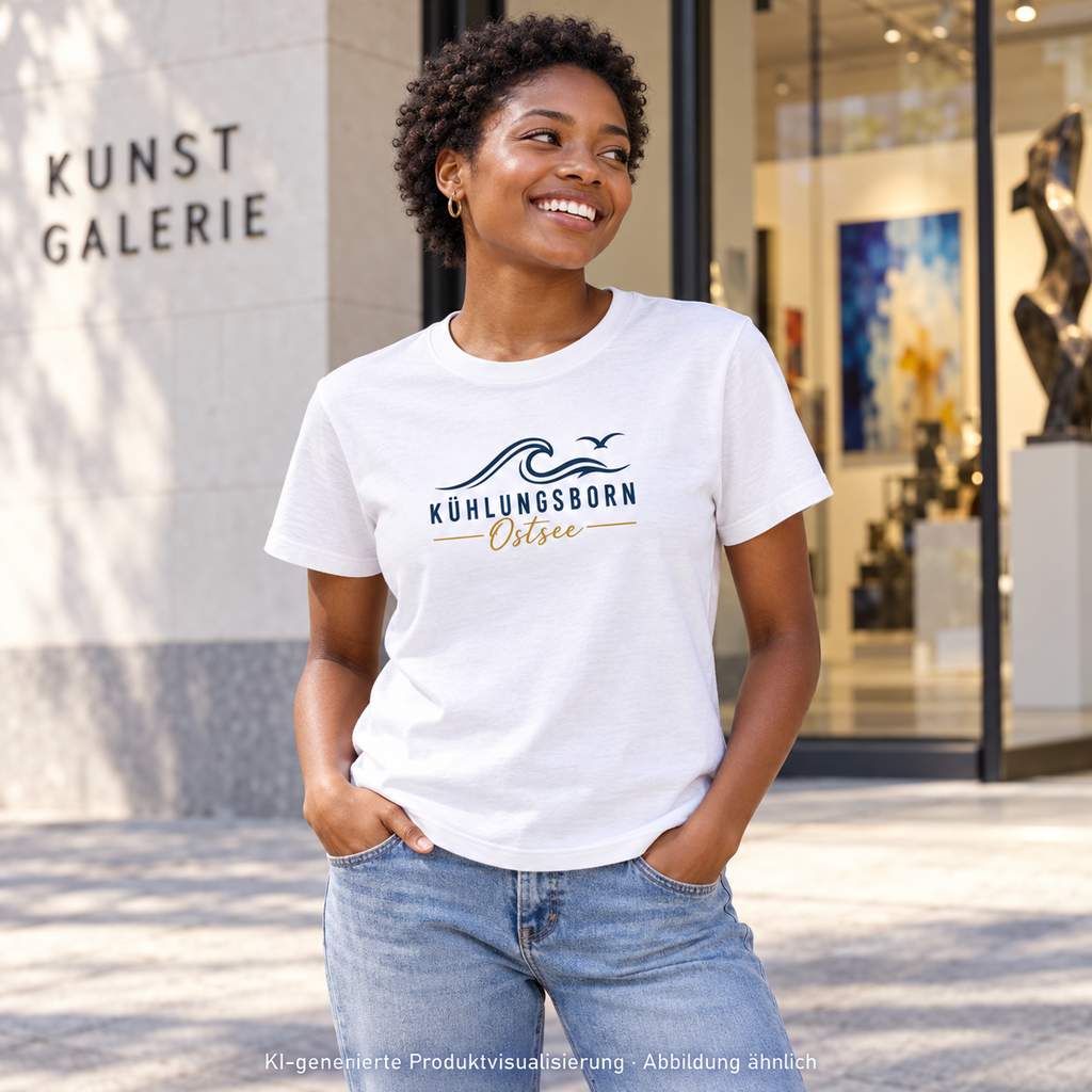 Kühlungsborn Baltic Waves Damen Bio-T-Shirt Light Edition in White vor einer Kunstgalerie – KI-Produktvisualisierung