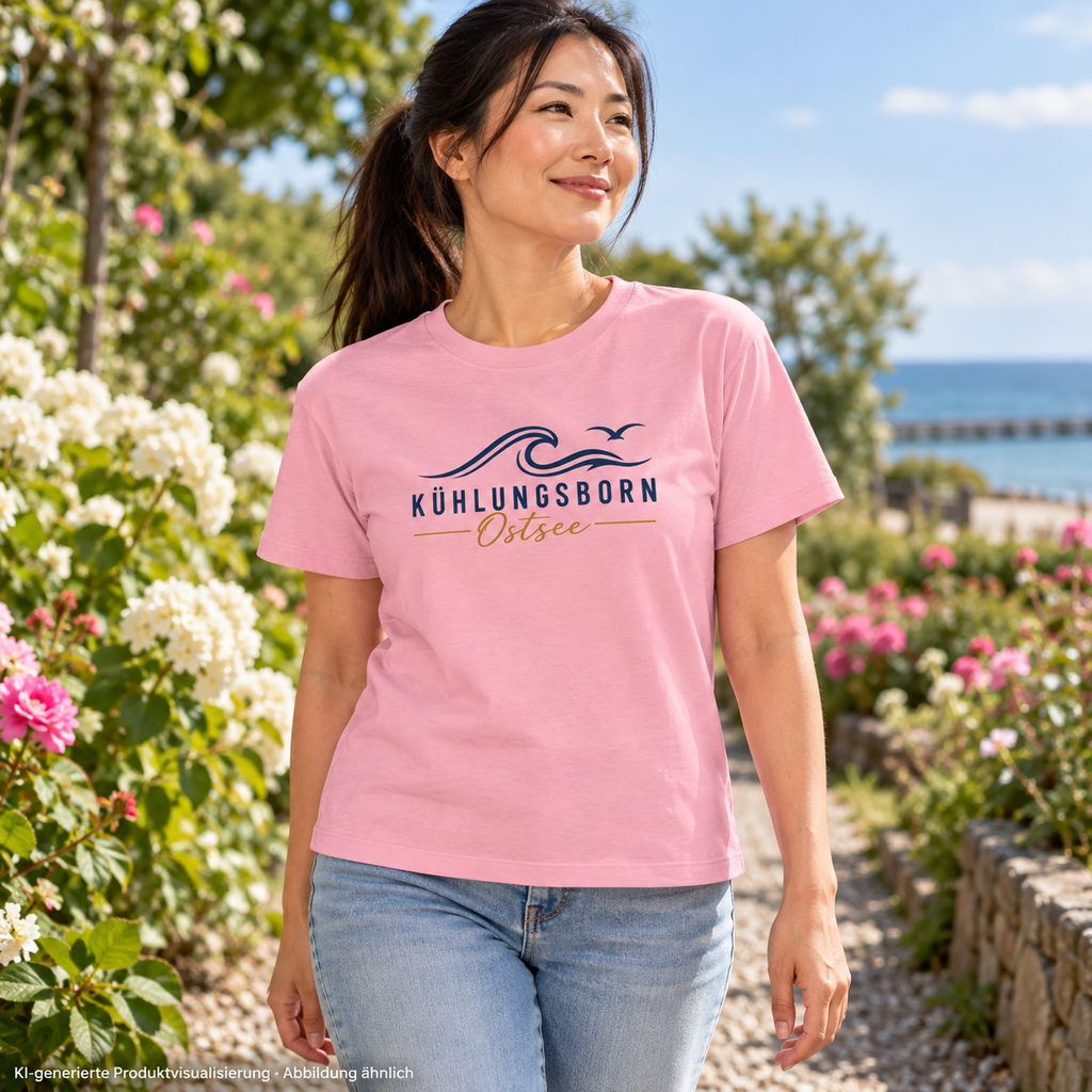 Kühlungsborn Baltic Waves Damen Bio-T-Shirt Light Edition in Cotton Pink auf einem Blumengartenweg – KI-Produktvisualisierung