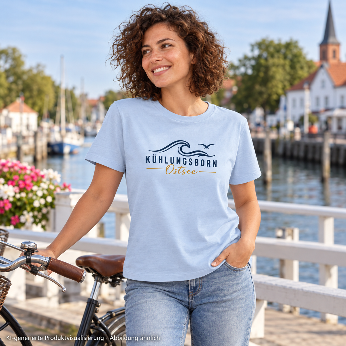 Kühlungsborn Baltic Waves Damen Bio-T-Shirt Light Edition in Blue Soul mit Fahrrad an einer Brücke – KI-Produktvisualisierung