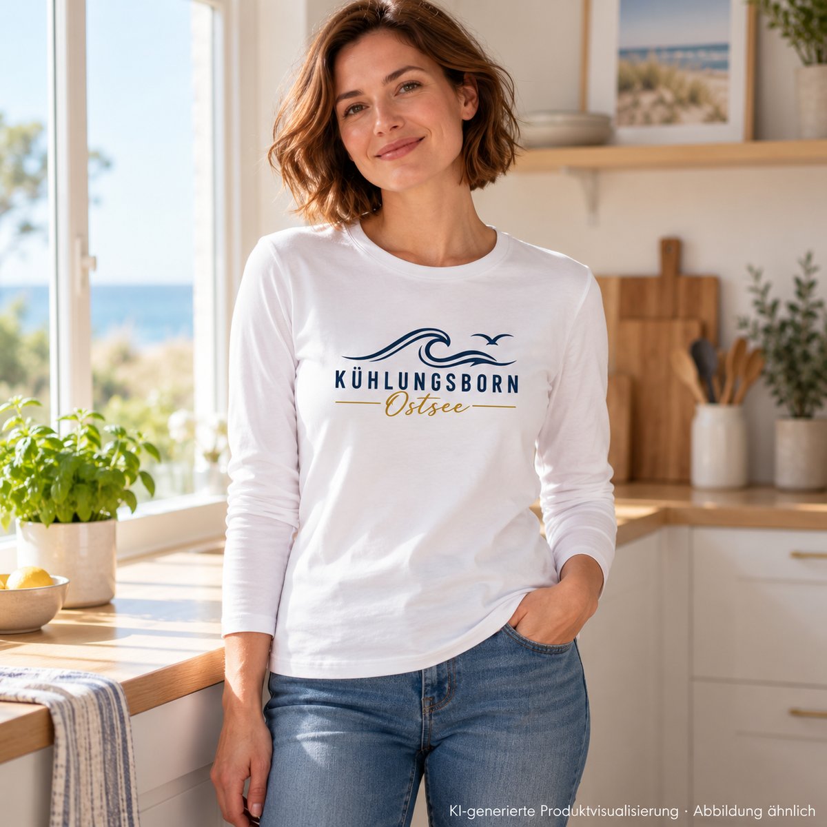 Kühlungsborn Baltic Waves Damen Bio-Longsleeve Light Edition in White am Küchenfenster – KI-Produktvisualisierung