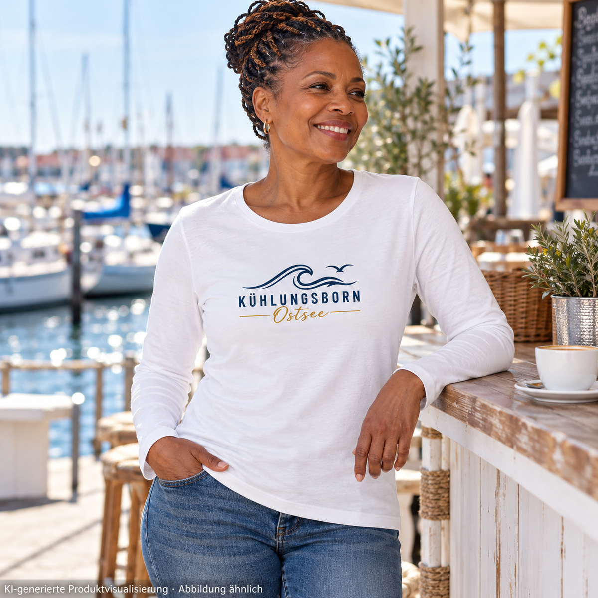 Kühlungsborn Baltic Waves Damen Bio-Longsleeve Light Edition in White an einer Hafencafé-Theke – KI-Produktvisualisierung