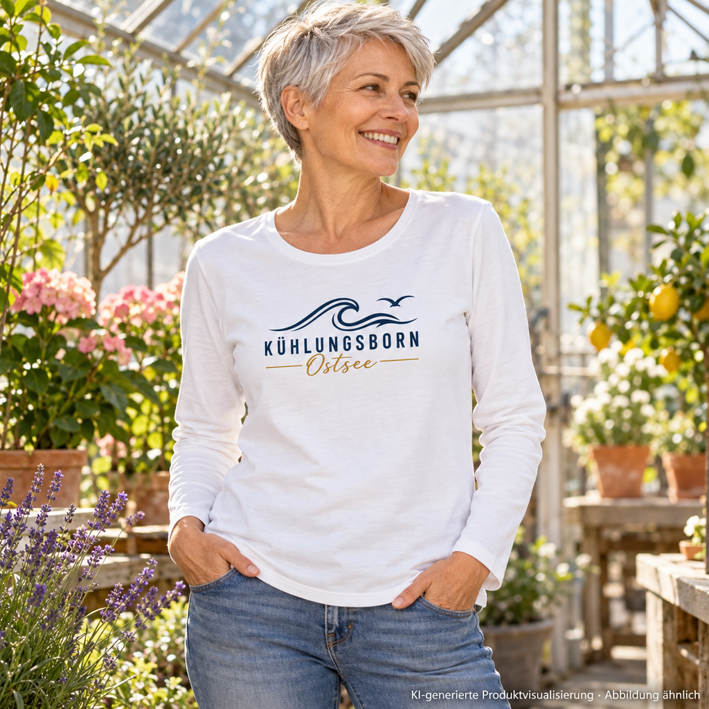 Kühlungsborn Baltic Waves Damen Bio-Longsleeve Light Edition in White im Gewächshaus – KI-Produktvisualisierung