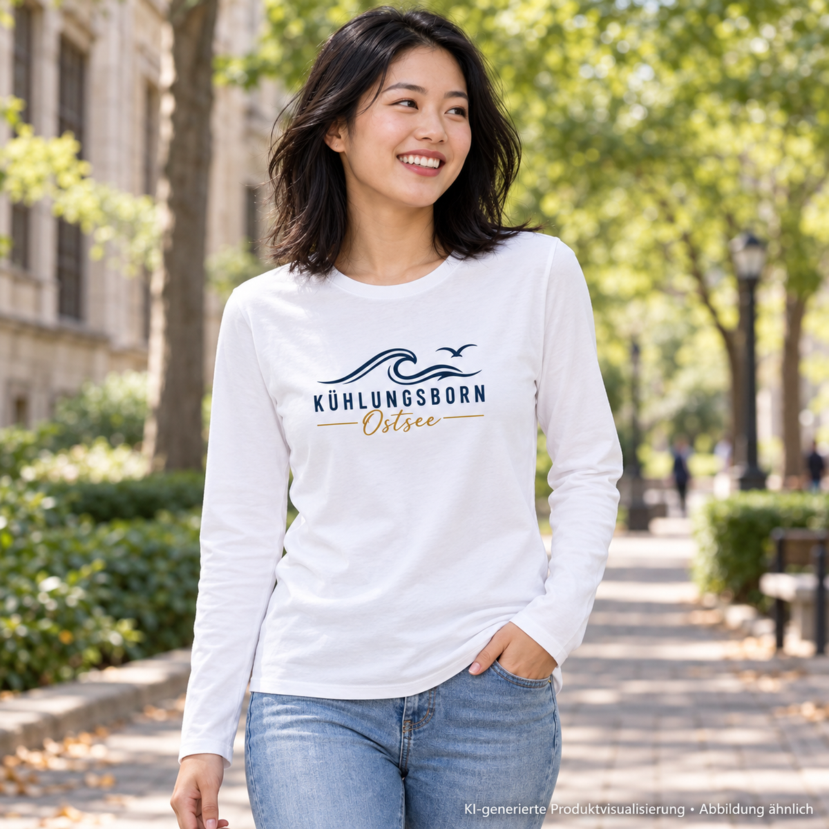 Kühlungsborn Baltic Waves Damen Bio-Longsleeve Light Edition in White auf einem Hochschulweg – KI-Produktvisualisierung
