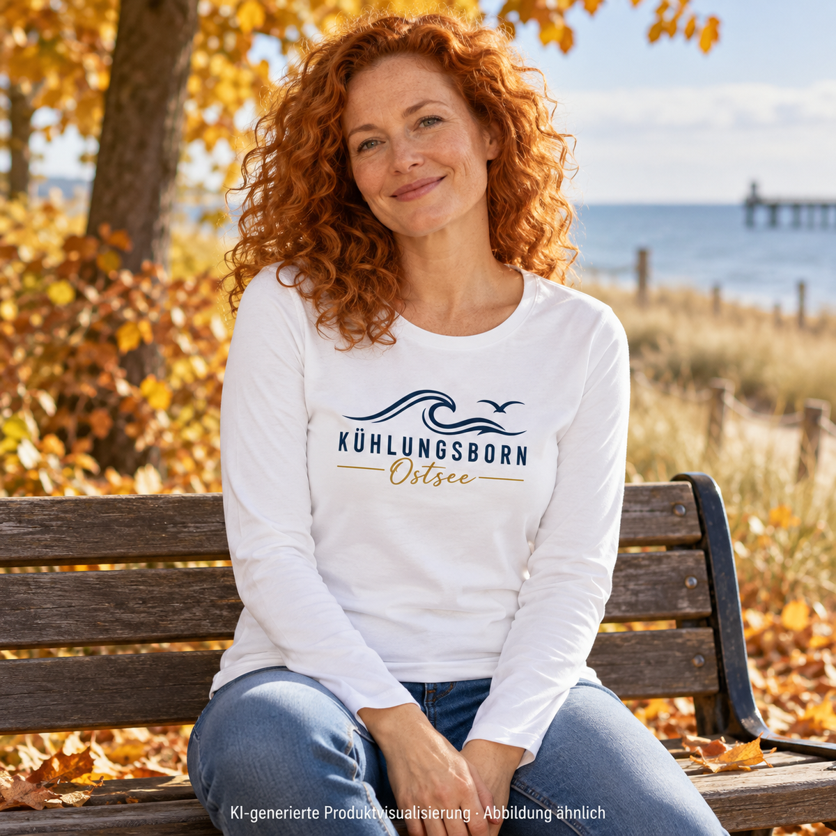 Kühlungsborn Baltic Waves Damen Bio-Longsleeve Light Edition in White auf einer Parkbank – KI-Produktvisualisierung