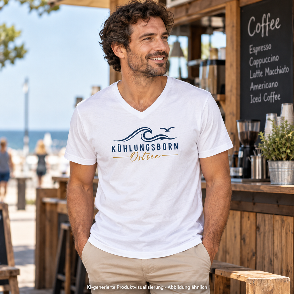 Kühlungsborn Baltic Waves Herren Bio-V-Neck-T-Shirt Light Edition in White am Kaffeekiosk – KI-Produktvisualisierung