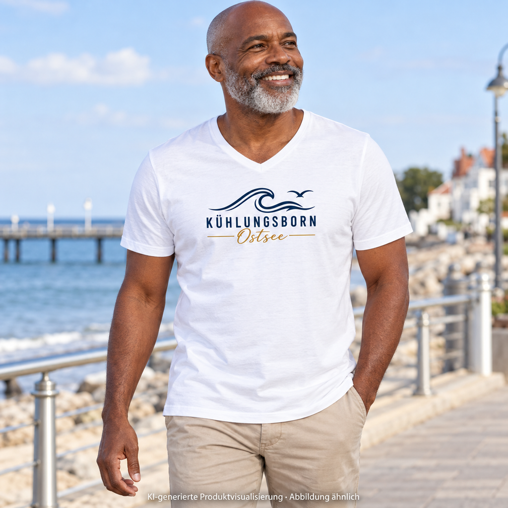 Kühlungsborn Baltic Waves Herren Bio-V-Neck-T-Shirt Light Edition in White auf der Küstenpromenade – KI-Produktvisualisierung
