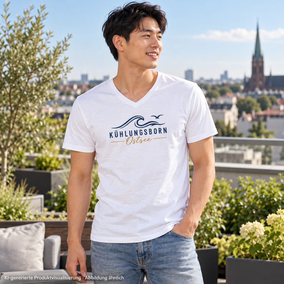 Kühlungsborn Baltic Waves Herren Bio-V-Neck-T-Shirt Light Edition in White im Dachgarten – KI-Produktvisualisierung
