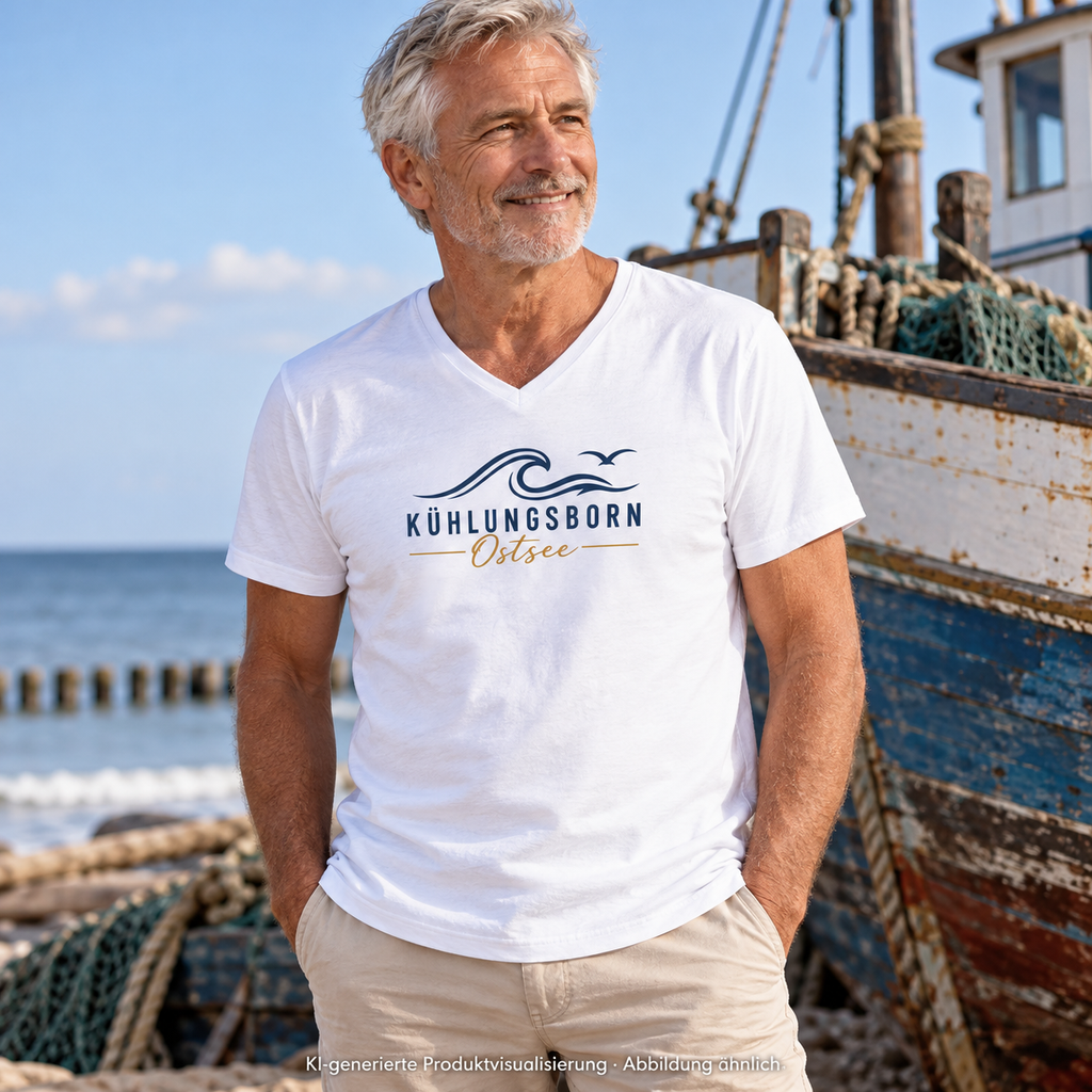 Kühlungsborn Baltic Waves Herren Bio-V-Neck-T-Shirt Light Edition in White neben einem Fischerboot an Land – KI-Produktvisualisierung
