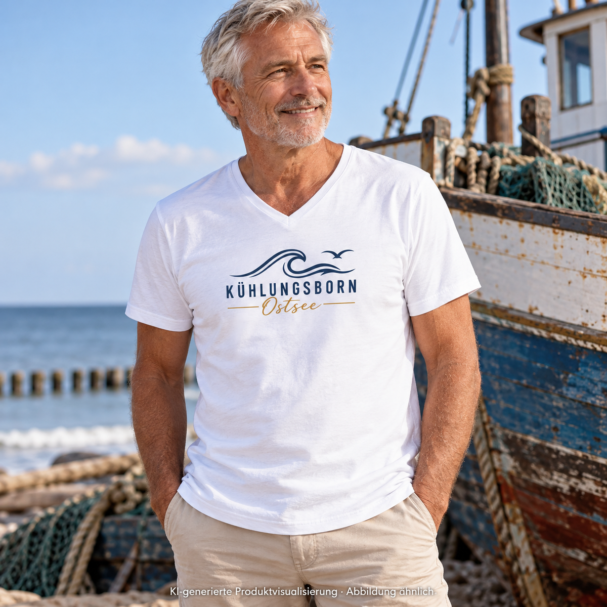 Kühlungsborn Baltic Waves Herren Bio-V-Neck-T-Shirt Light Edition in White neben einem Fischerboot an Land – KI-Produktvisualisierung