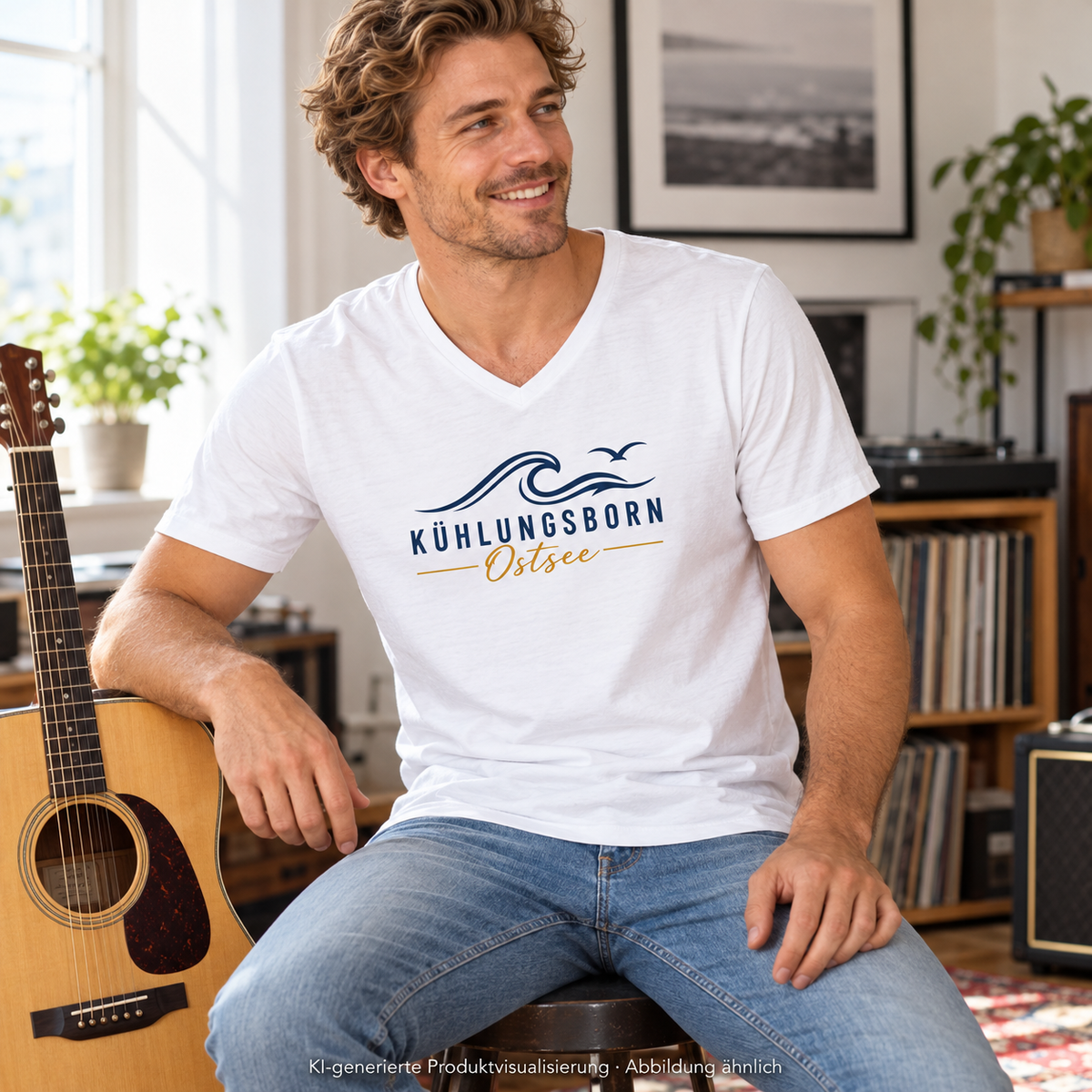 Kühlungsborn Baltic Waves Herren Bio-V-Neck-T-Shirt Light Edition in White im Musikzimmer – KI-Produktvisualisierung