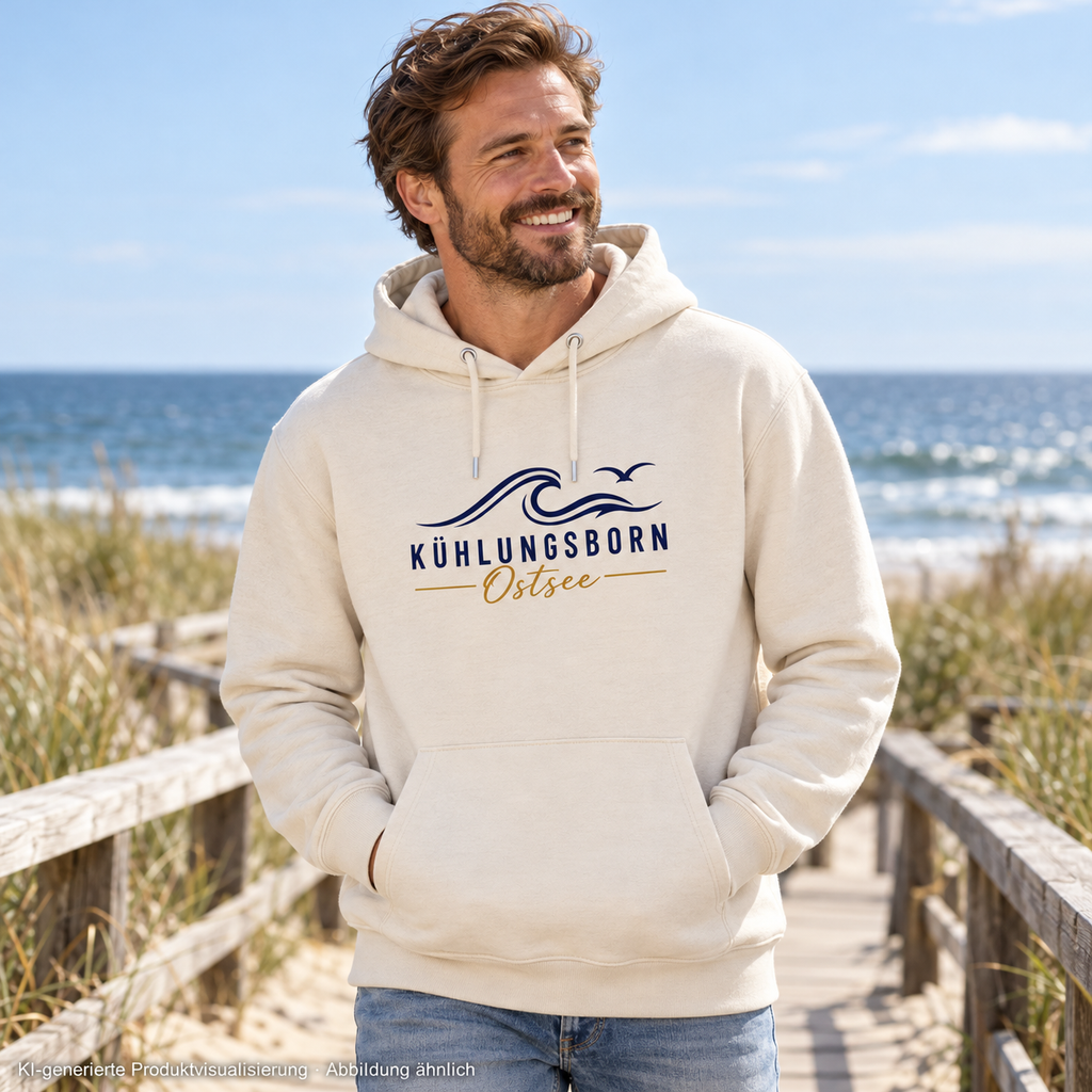 Kühlungsborn Baltic Waves Bio-Unisex-Hoodie Light Edition in Natural Raw am Strandzugang – KI-Produktvisualisierung