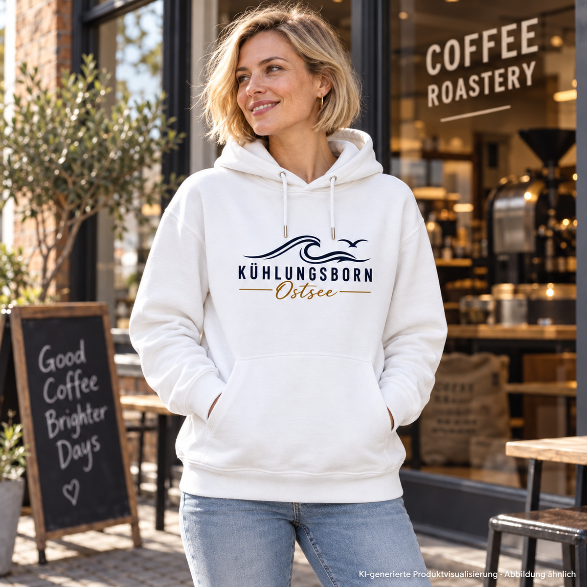 Kühlungsborn Baltic Waves Bio-Unisex-Hoodie Light Edition in White vor einer Kaffeerösterei – KI-Produktvisualisierung