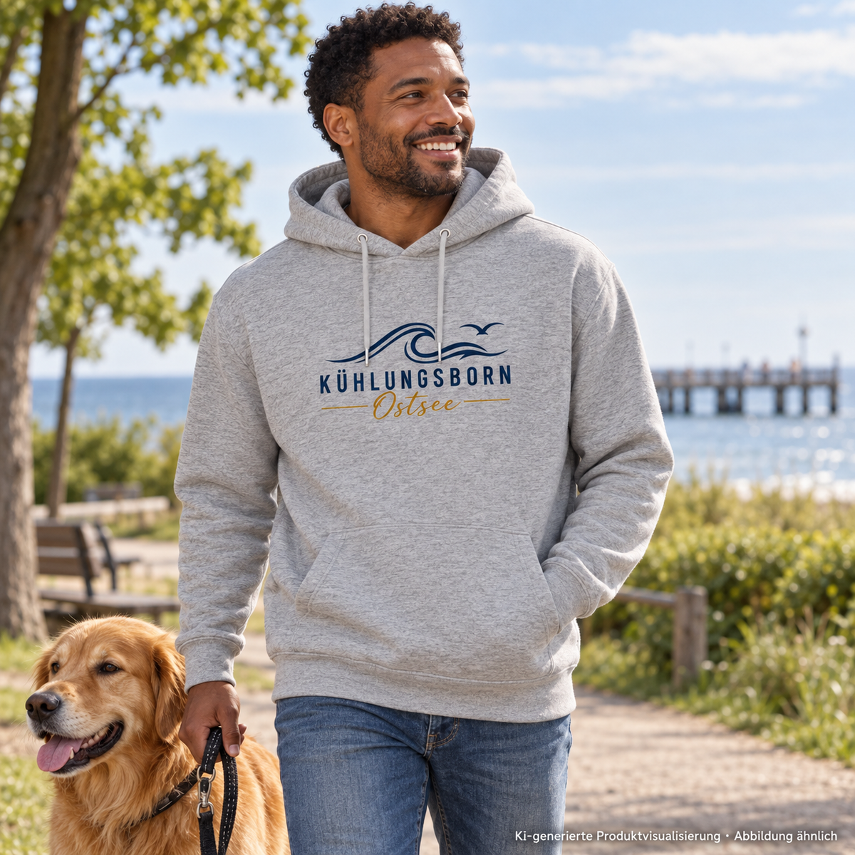 Kühlungsborn Baltic Waves Bio-Unisex-Hoodie Light Edition in Heather Grey mit Hund im Park – KI-Produktvisualisierung